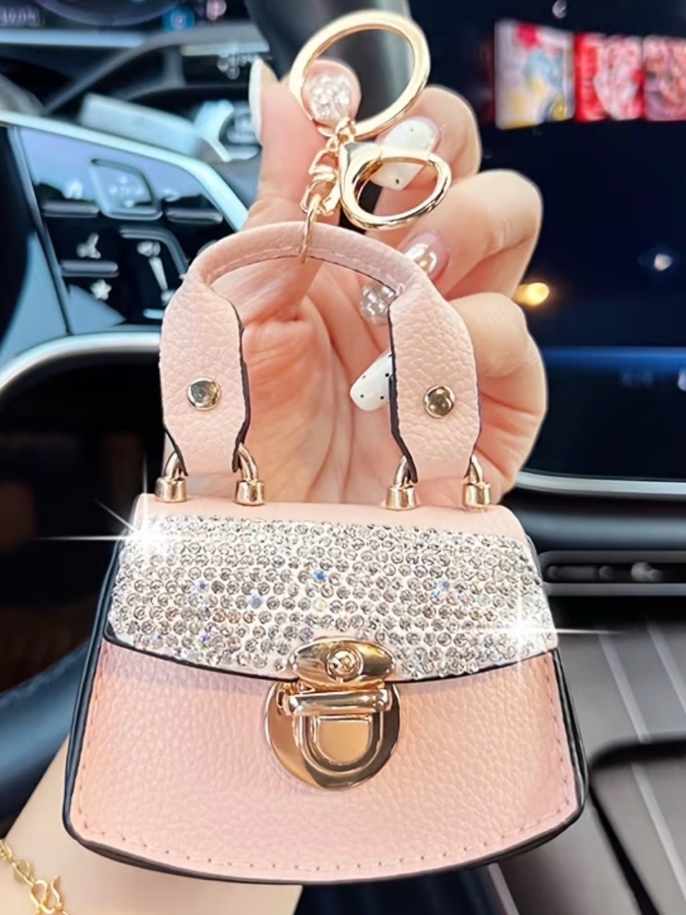 Elegant Pink Crystal Mini Handbag Keychain - Luxury Sparkle Accent